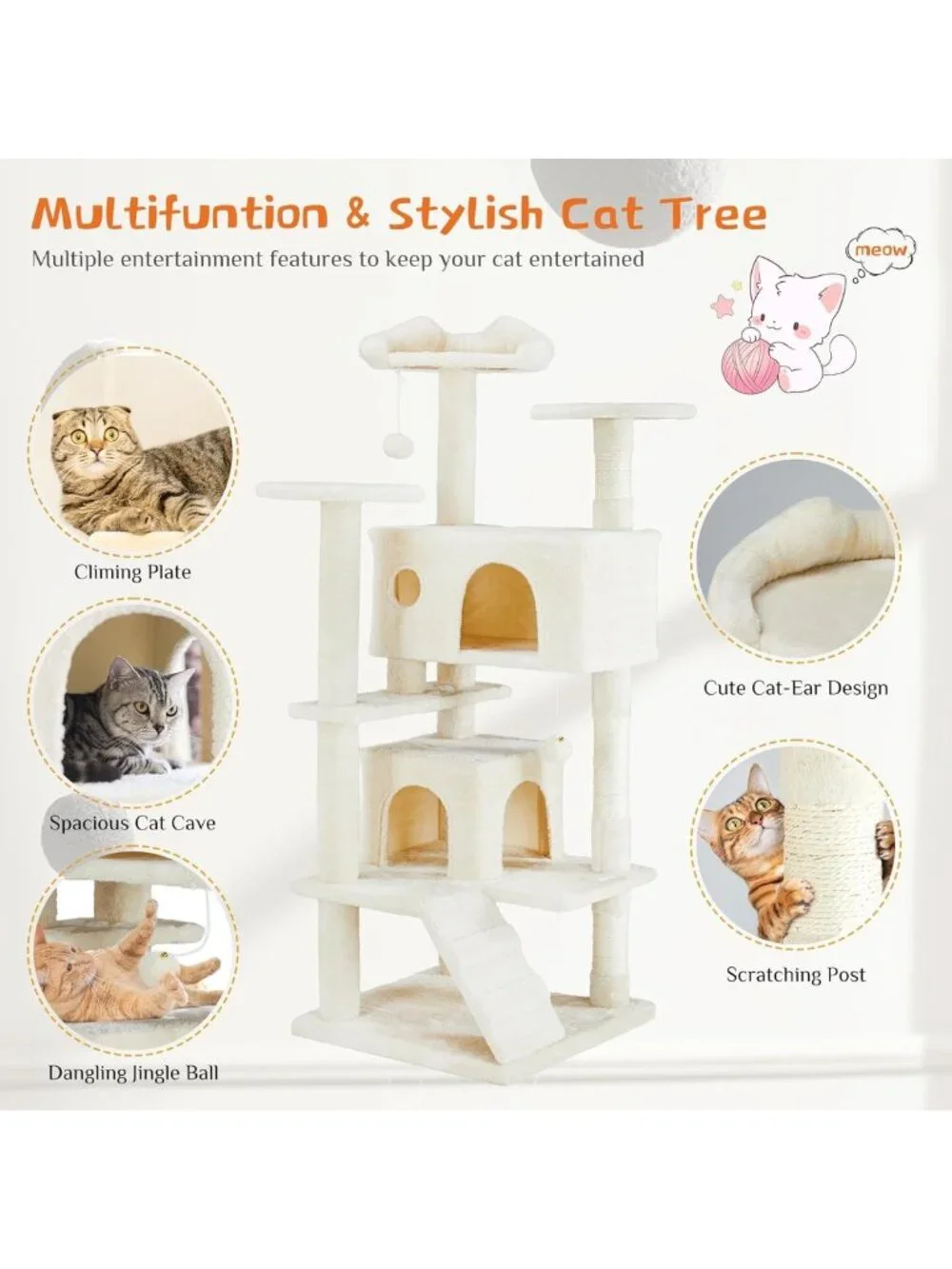 54-Inch Cat Tree Tower with Scratching Posts - Perfect for Indoor Cats & Play